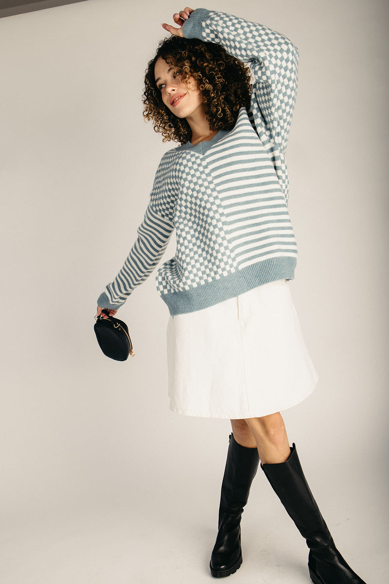 The Leilani Checkered Drop Shoulder Sweater in Ivory + Blue