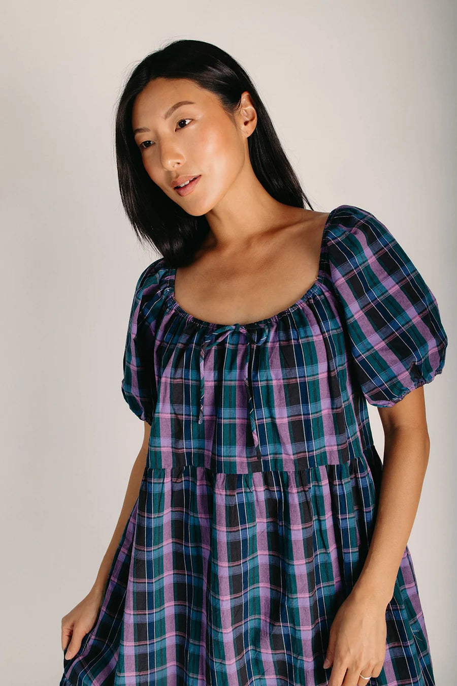 The Dobrev Puff Sleeve Midi Dress in Green + Violet Plaid