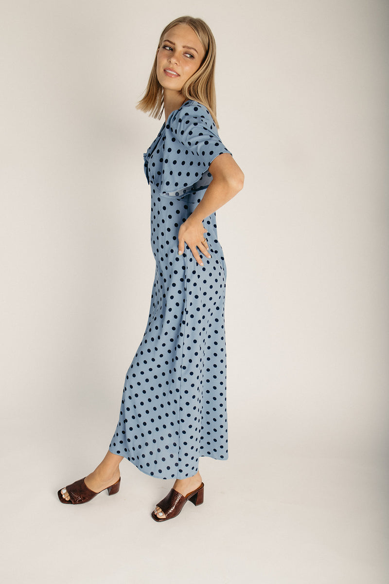 The Marsnik Dot Flare Midi Dress in Blue