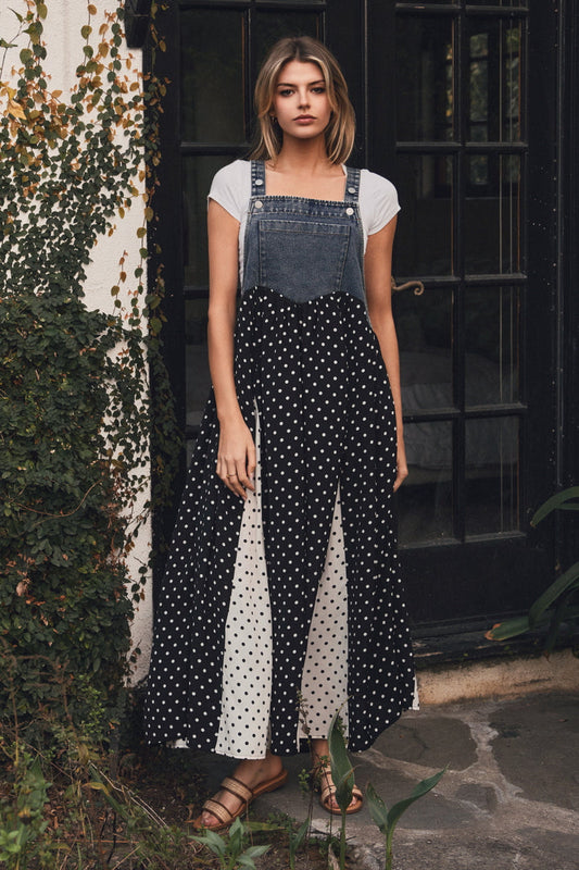 The Hellen Polka Dot Overall Dress in Washed Denim