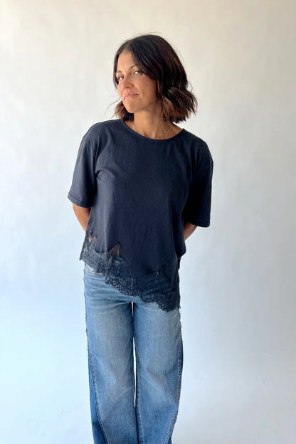 The Pulver Lace Hem Tee in Navy
