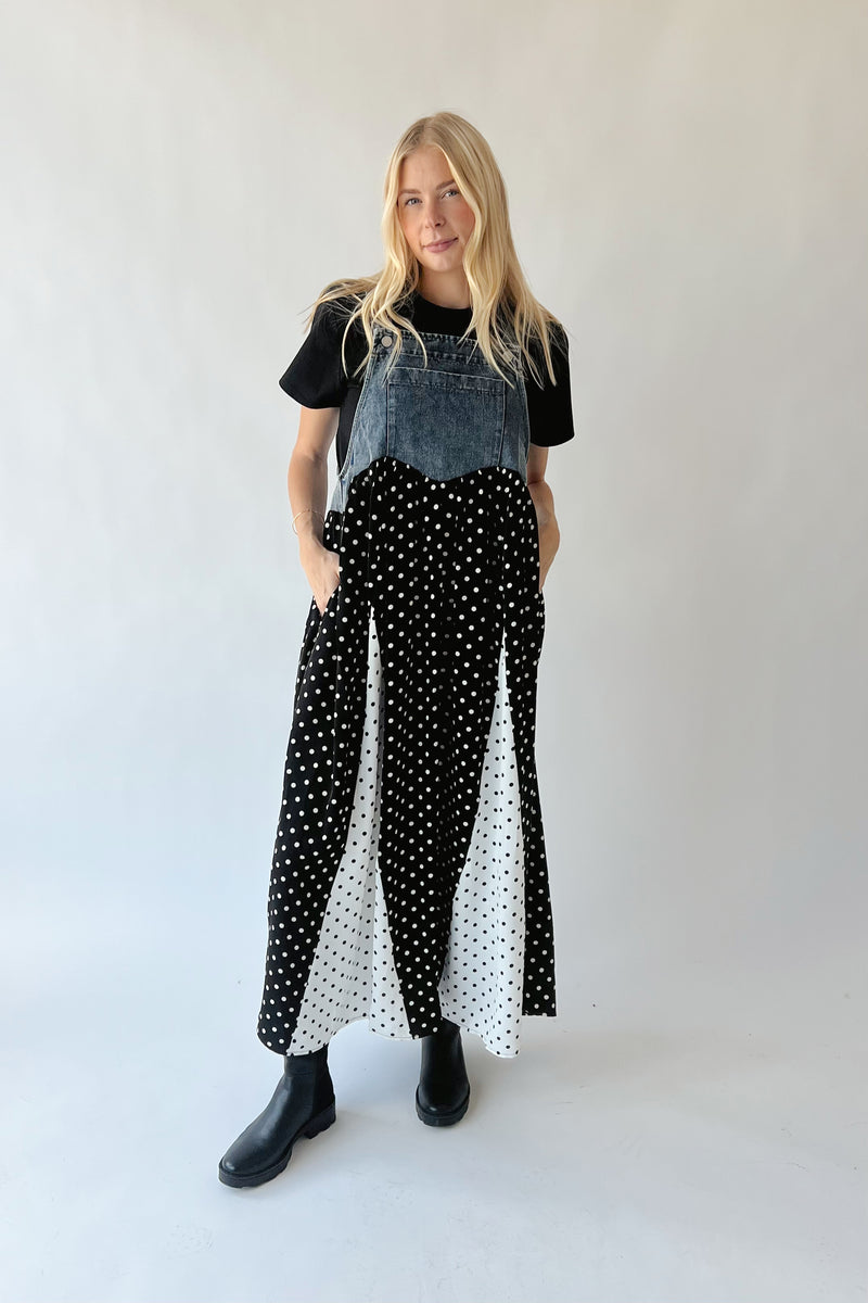 The Hellen Polka Dot Overall Dress in Washed Denim