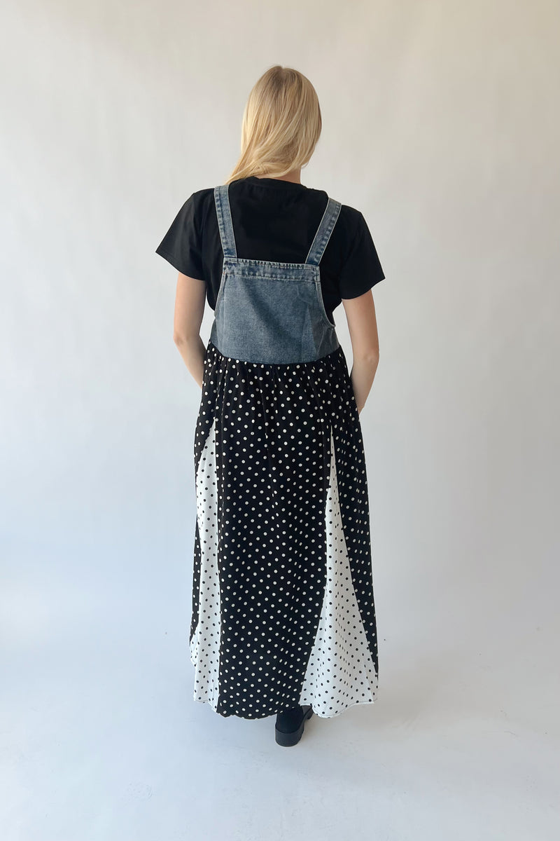 The Hellen Polka Dot Overall Dress in Washed Denim