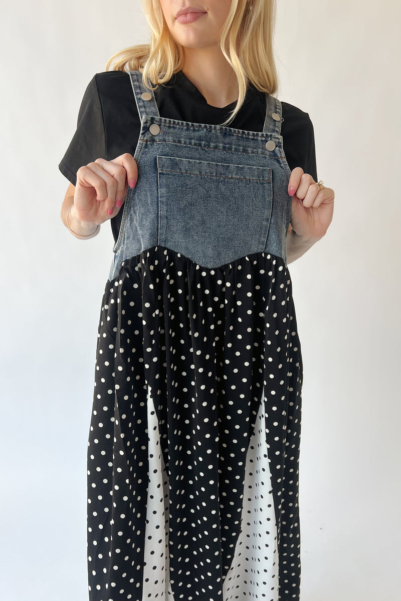 The Hellen Polka Dot Overall Dress in Washed Denim