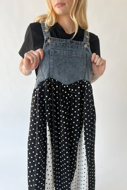 The Hellen Polka Dot Overall Dress in Washed Denim
