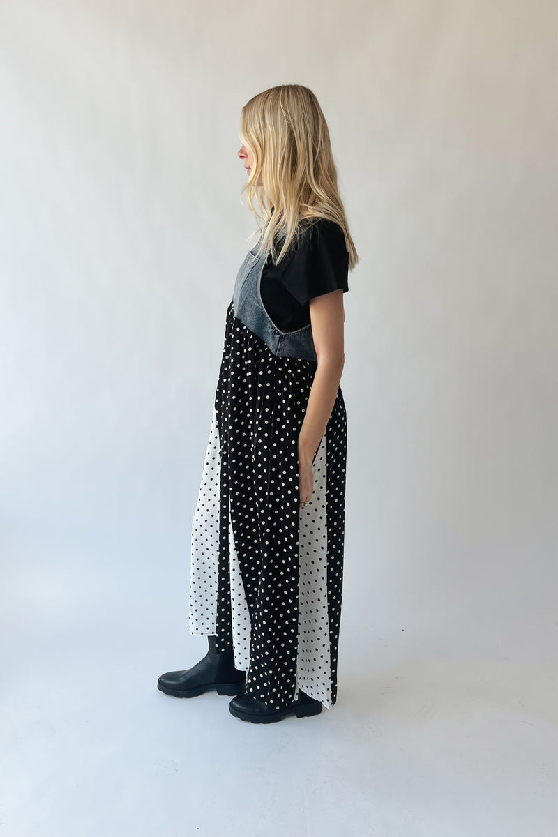 The Hellen Polka Dot Overall Dress in Washed Denim