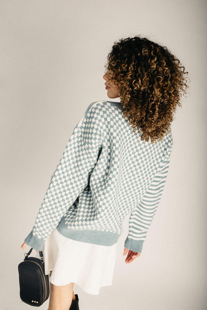 The Leilani Checkered Drop Shoulder Sweater in Ivory + Blue