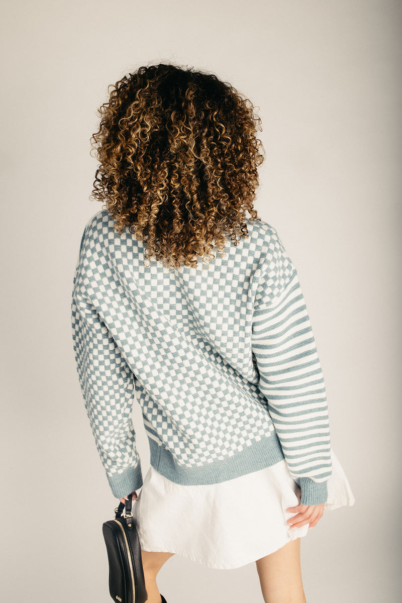 The Leilani Checkered Drop Shoulder Sweater in Ivory + Blue