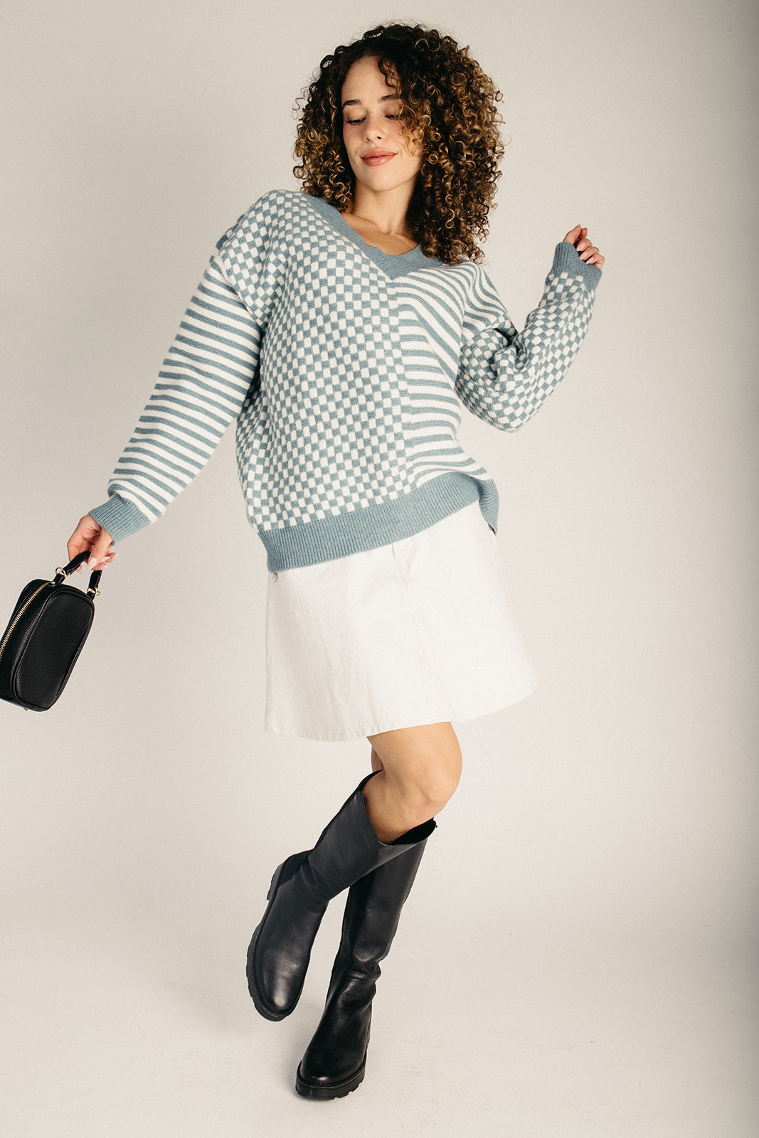 The Leilani Checkered Drop Shoulder Sweater in Ivory + Blue