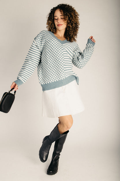 The Leilani Checkered Drop Shoulder Sweater in Ivory + Blue