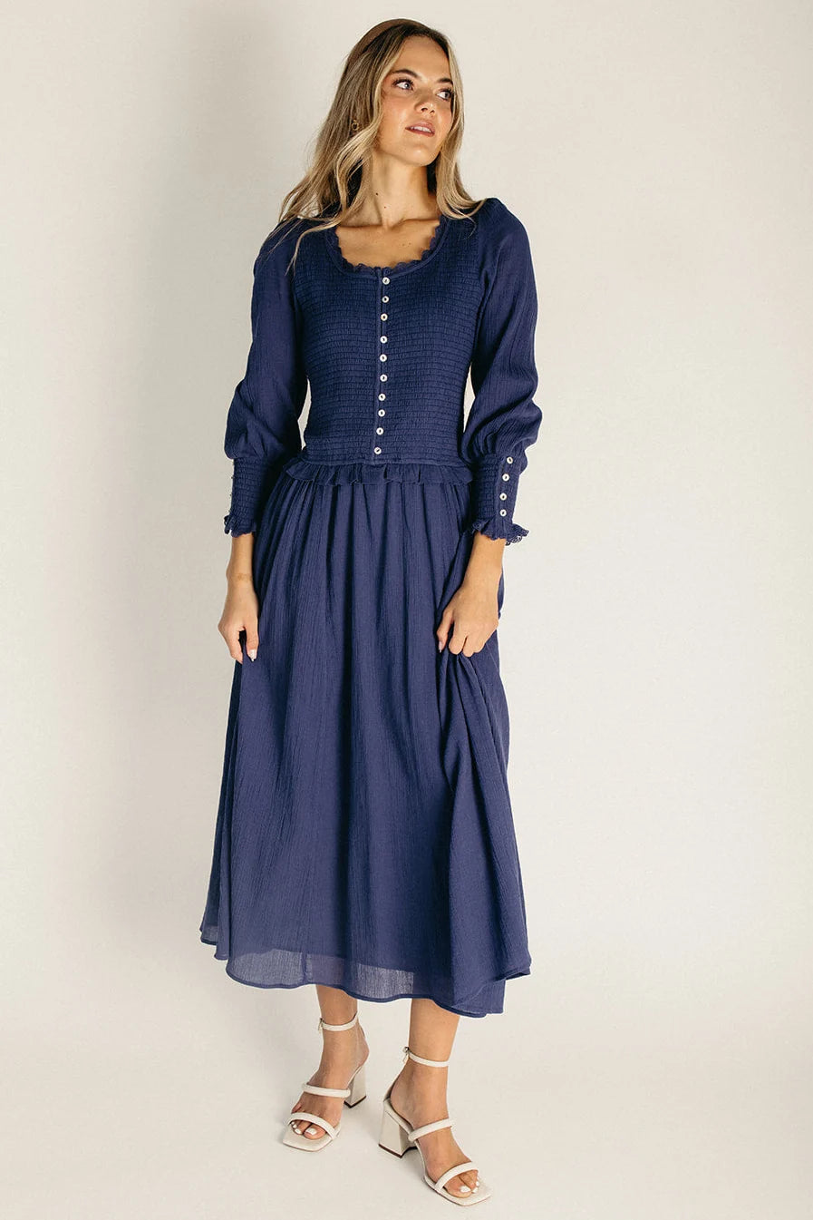 The Heywood Drop Waist Midi Dress in Deep Navy