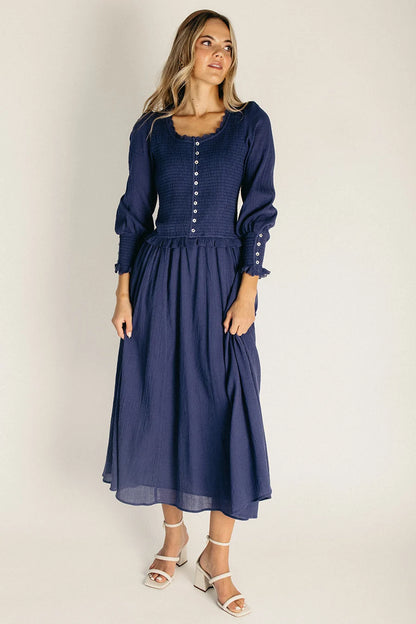The Heywood Drop Waist Midi Dress in Deep Navy