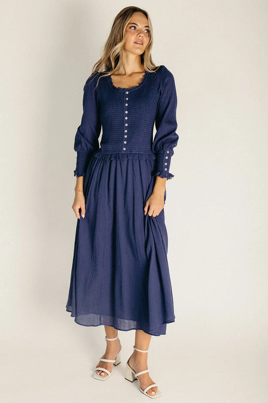 The Heywood Drop Waist Midi Dress in Deep Navy