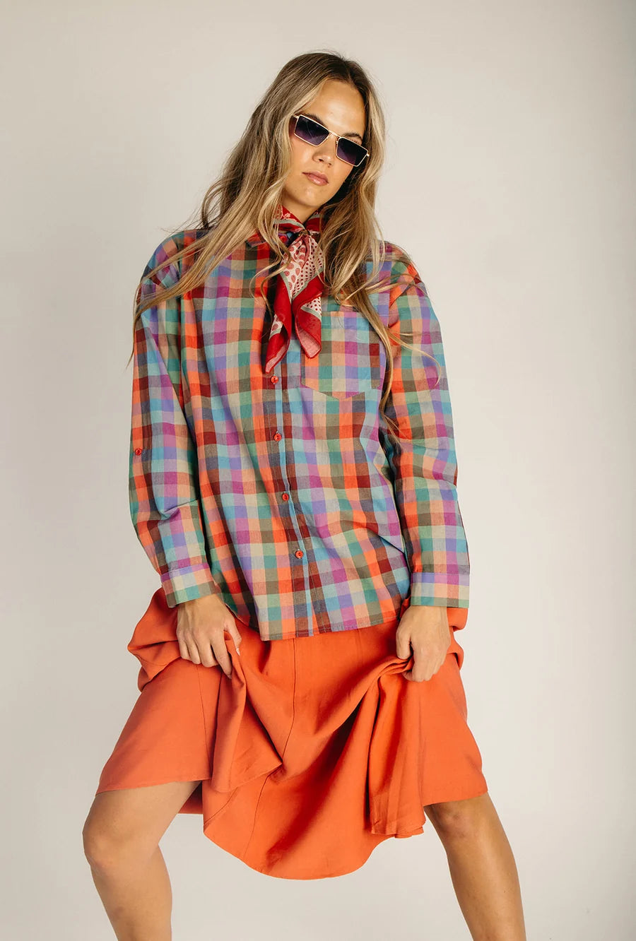 The Sylvie Collared Button-Up Blouse in Plaid Multi