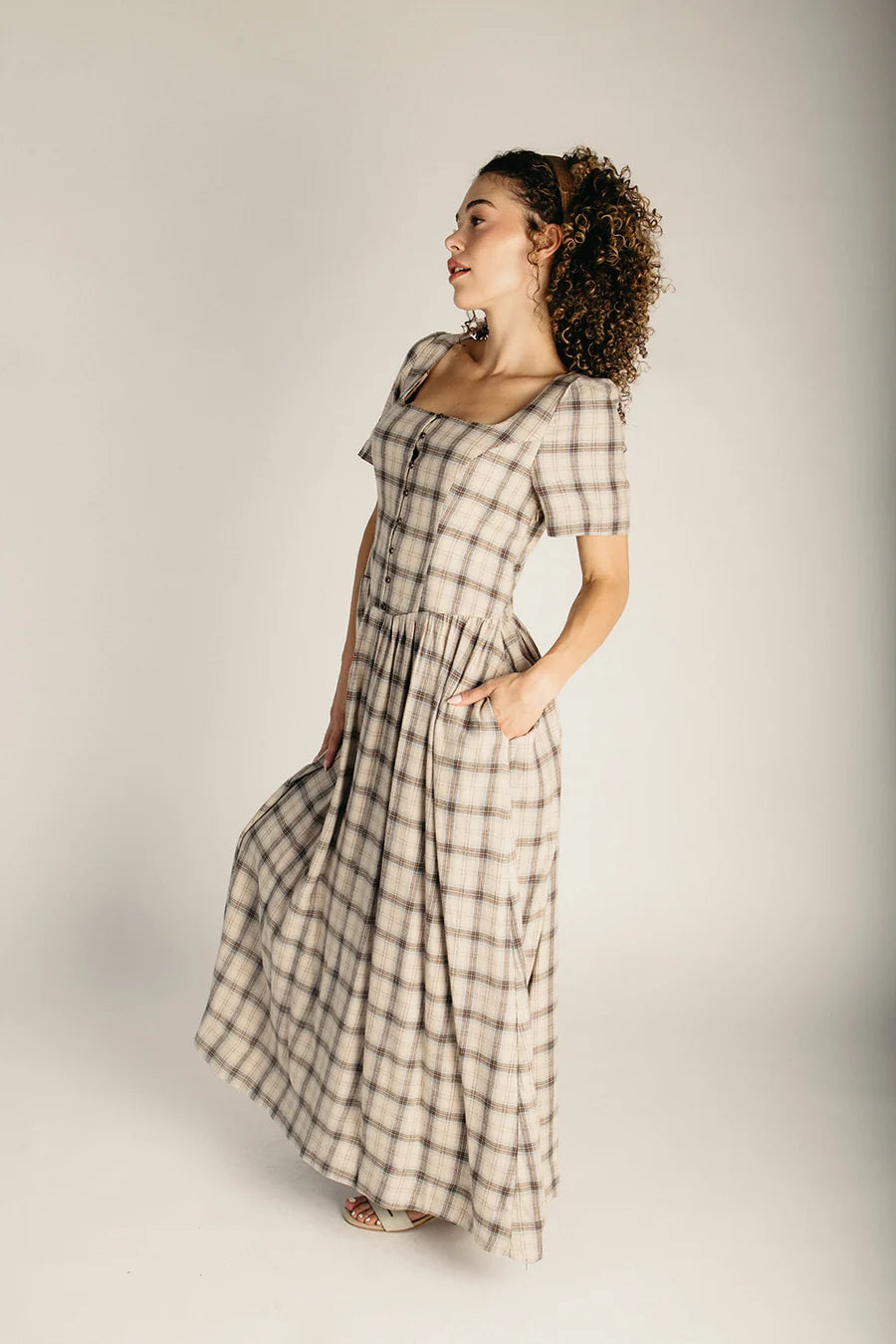 The Landers Plaid Maxi Dress in Oat