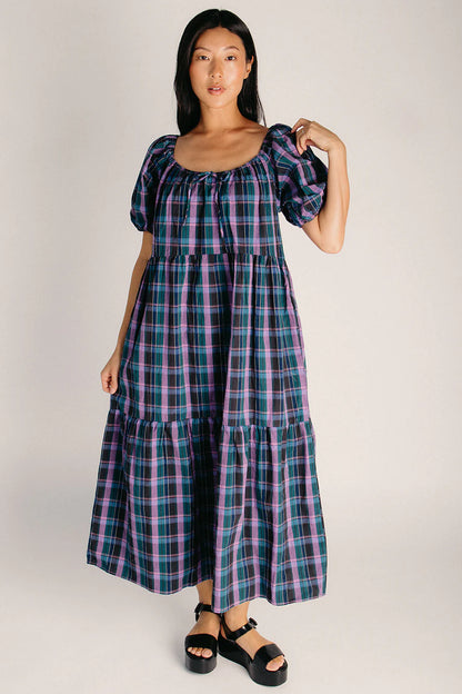 The Dobrev Puff Sleeve Midi Dress in Green + Violet Plaid