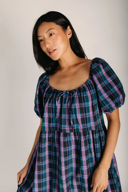 The Dobrev Puff Sleeve Midi Dress in Green + Violet Plaid