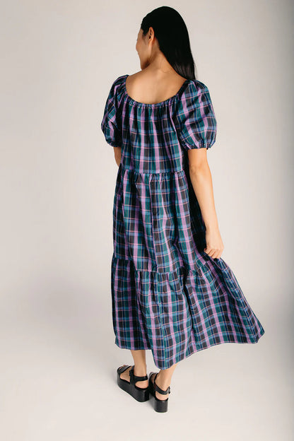 The Dobrev Puff Sleeve Midi Dress in Green + Violet Plaid