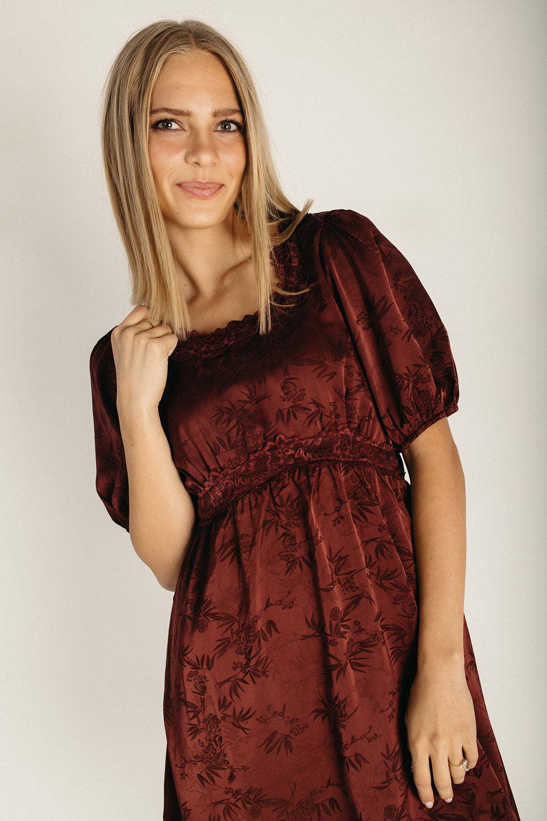 The Burgos Jacquard Lace Trim Dress in Chocolate