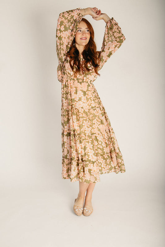 The Temkin Floral Pleated Midi Dress in Olive