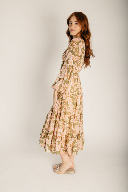 The Temkin Floral Pleated Midi Dress in Olive