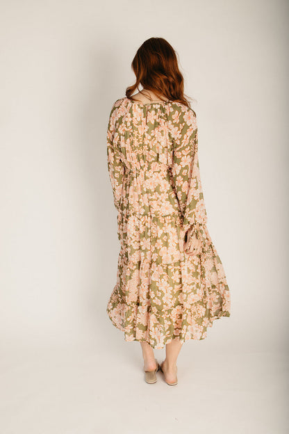 The Temkin Floral Pleated Midi Dress in Olive