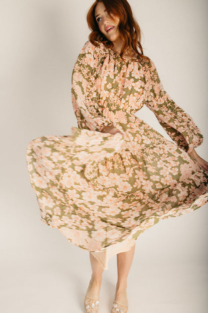 The Temkin Floral Pleated Midi Dress in Olive
