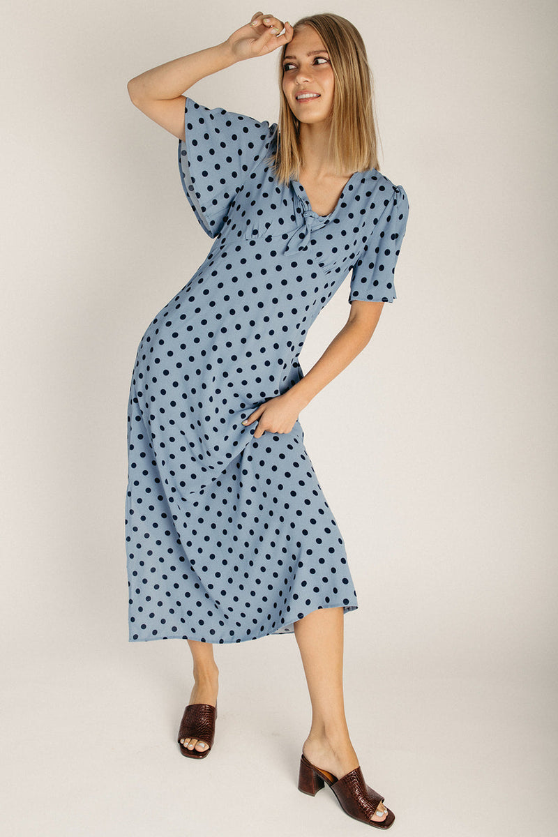 The Marsnik Dot Flare Midi Dress in Blue
