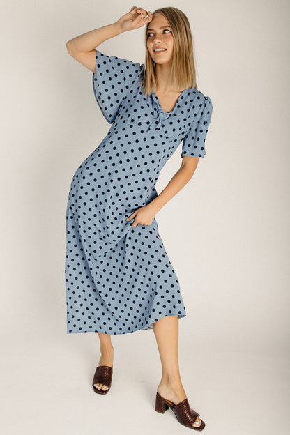 The Marsnik Dot Flare Midi Dress in Blue