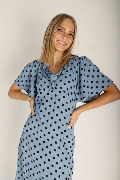The Marsnik Dot Flare Midi Dress in Blue