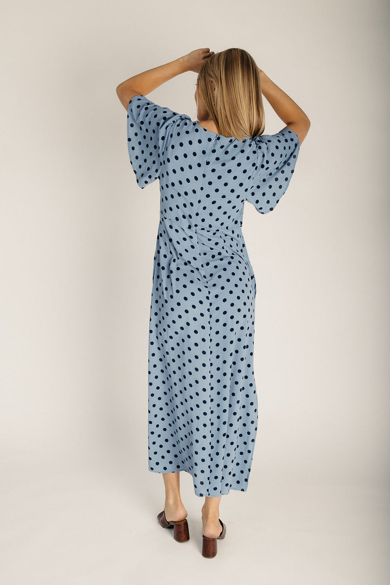 The Marsnik Dot Flare Midi Dress in Blue