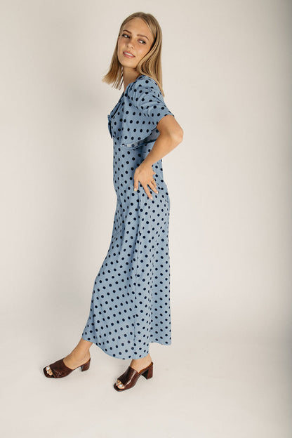 The Marsnik Dot Flare Midi Dress in Blue