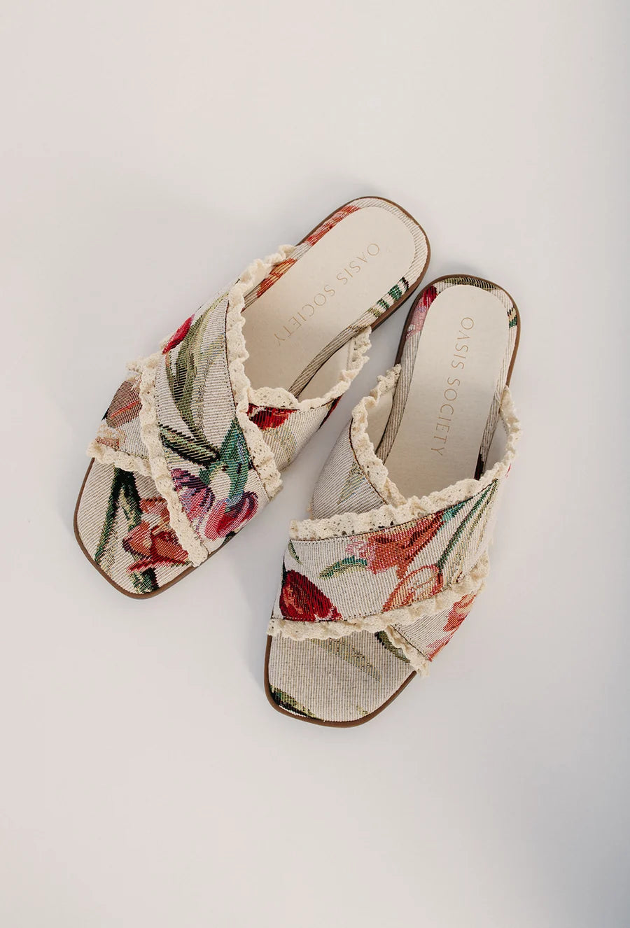 The Moreland Lace Trim Slip-On Sandal in Beige Tulip