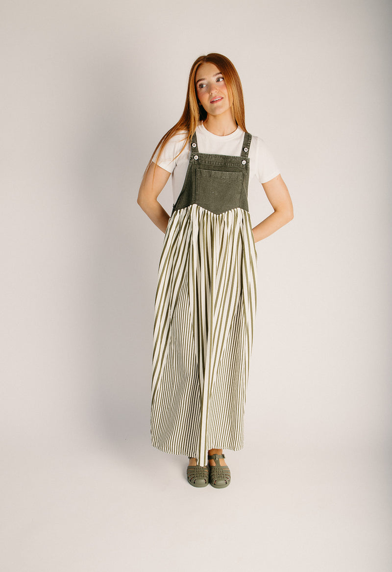 The Hellen Denim Overall Dress in Washed Olive