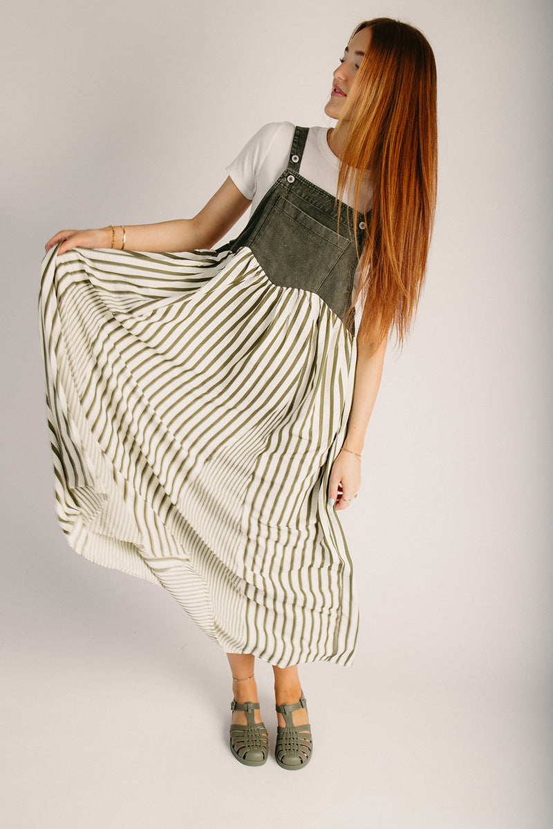 The Hellen Denim Overall Dress in Washed Olive