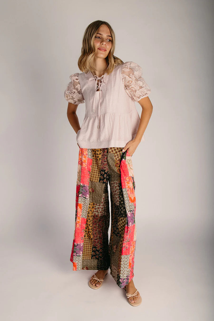 The Pelton Mixed Pattern Pant in Taupe + Pink Multi