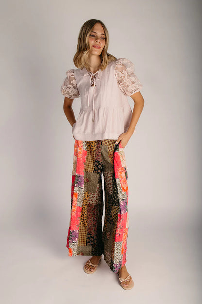 The Pelton Mixed Pattern Pant in Taupe + Pink Multi