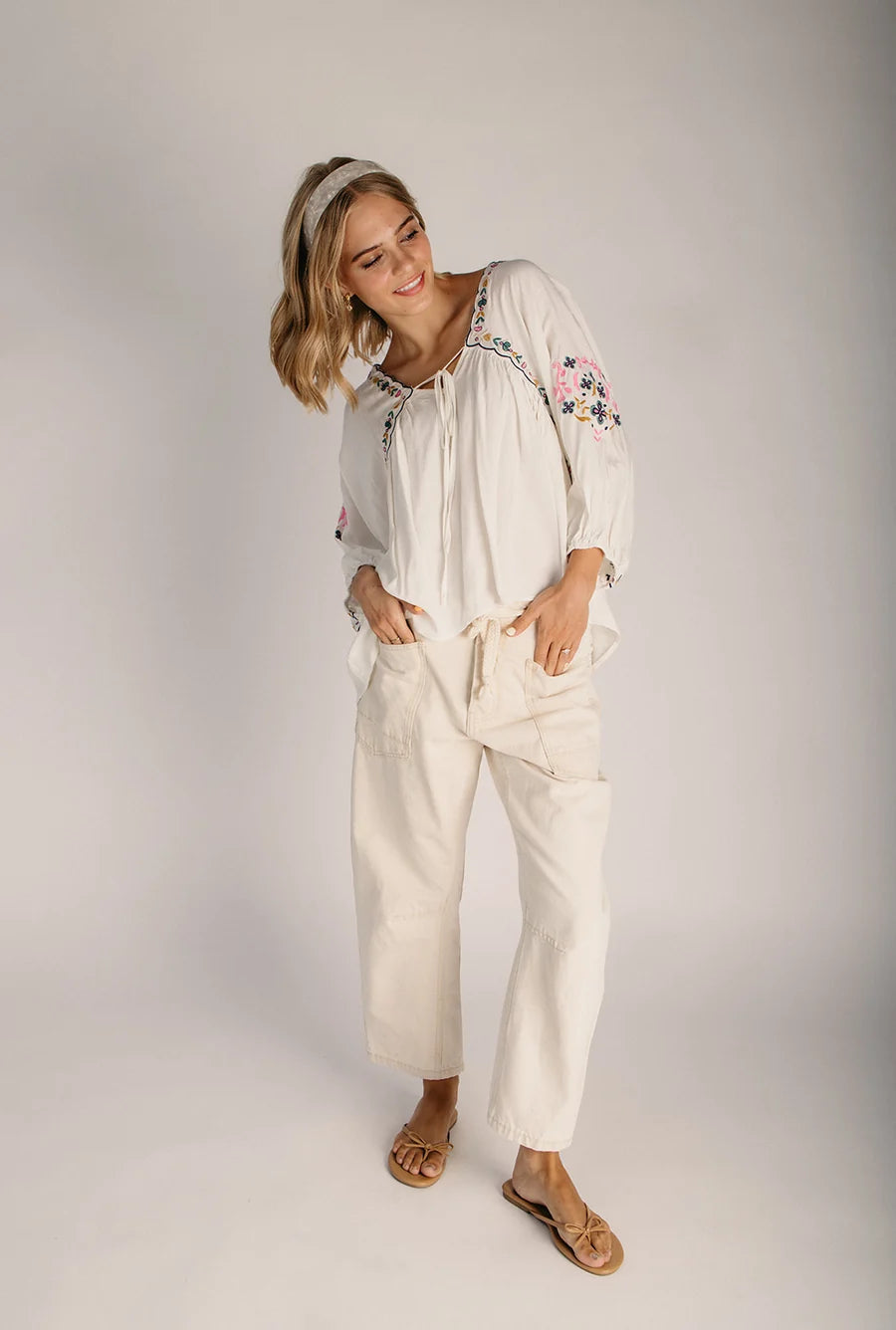 The Mariam Floral Embroidered Boho Blouse in Off White