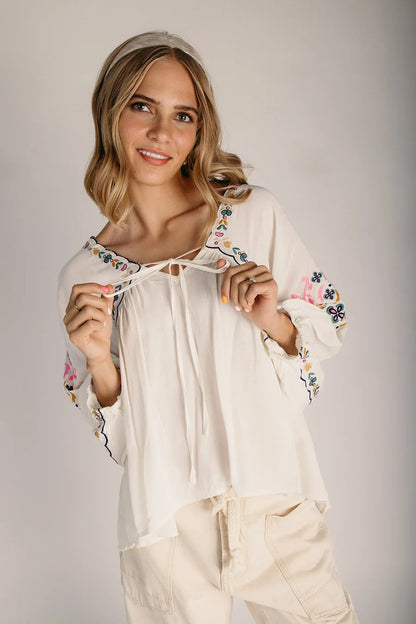 The Mariam Floral Embroidered Boho Blouse in Off White