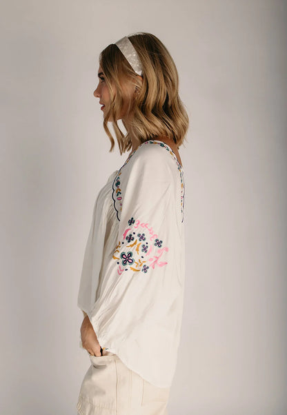 The Mariam Floral Embroidered Boho Blouse in Off White