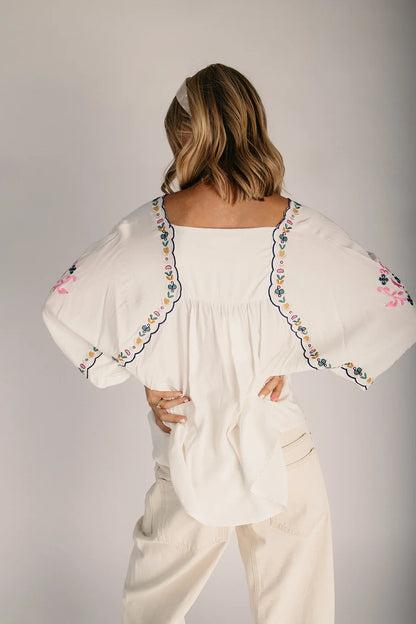 The Mariam Floral Embroidered Boho Blouse in Off White