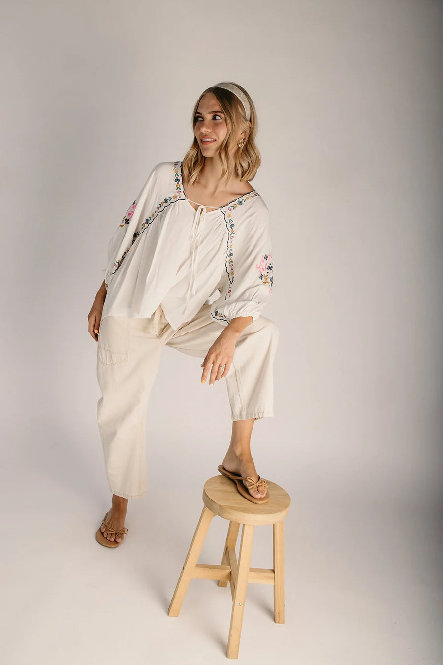 The Mariam Floral Embroidered Boho Blouse in Off White