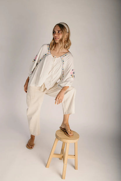 The Mariam Floral Embroidered Boho Blouse in Off White