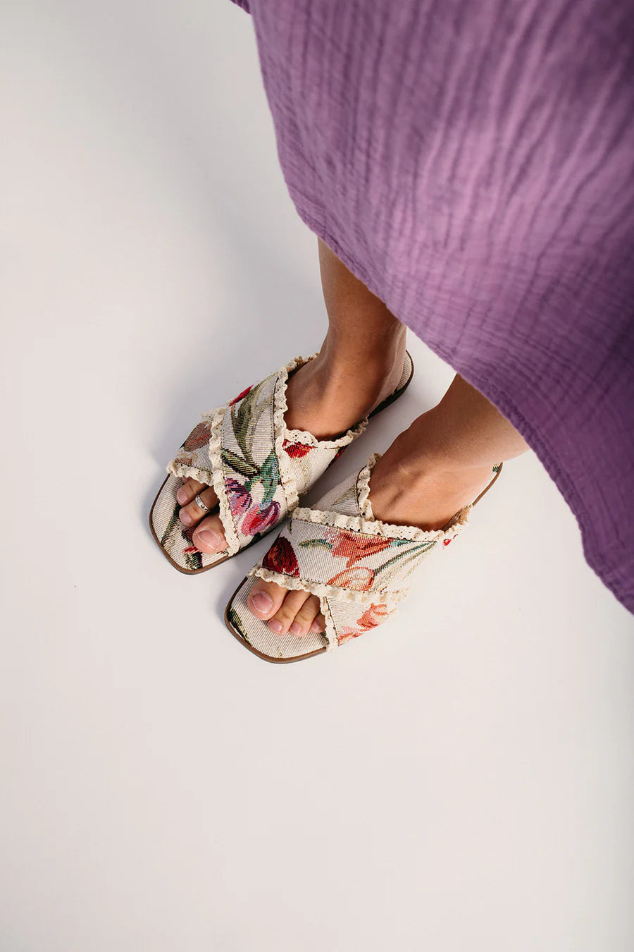 The Moreland Lace Trim Slip-On Sandal in Beige Tulip