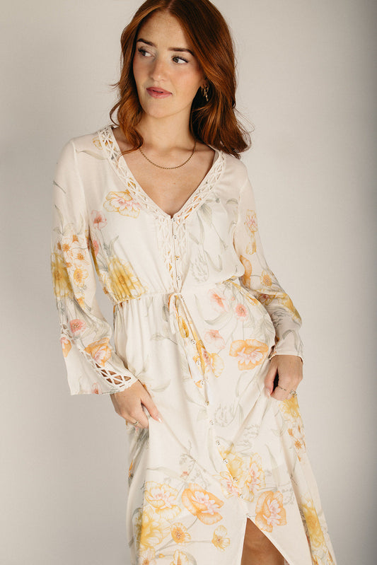 The Fleenor Lace Detail Maxi Dress in Vanilla + Coral