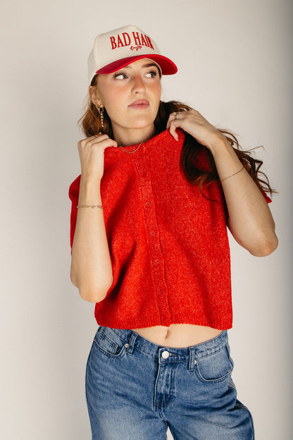 The Morgello Button-Up Cardigan in Red