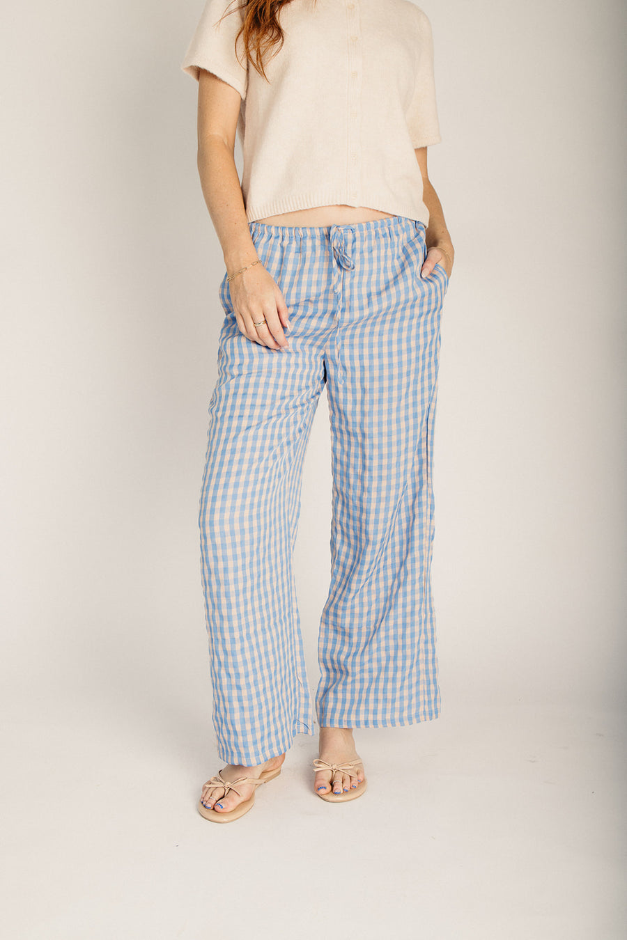 The Brewer Gingham Drawstring Pant in Blue + Peach