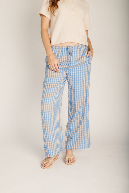 The Brewer Gingham Drawstring Pant in Blue + Peach