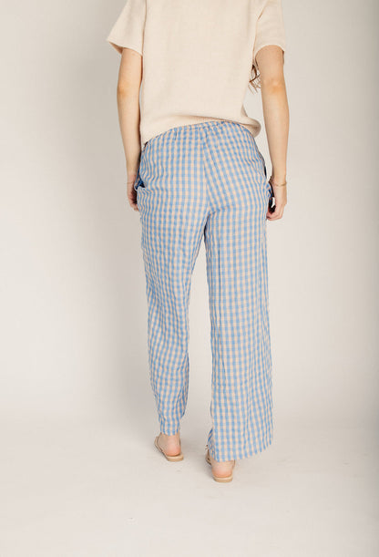 The Brewer Gingham Drawstring Pant in Blue + Peach
