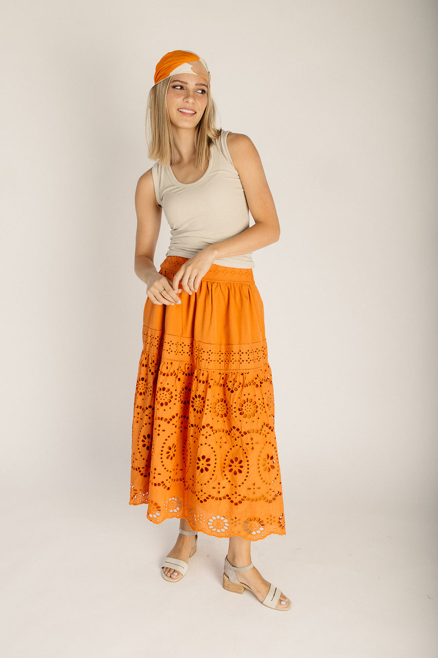 The Popko Eyelet Midi Skirt in Ginger